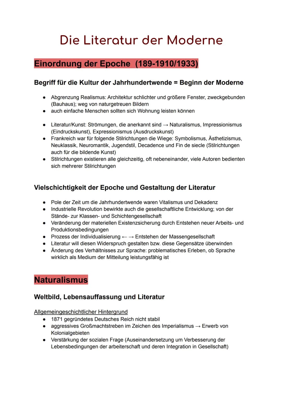 Die Literatur der Moderne
Einordnung der Epoche (189-1910/1933)
Begriff für die Kultur der Jahrhundertwende = Beginn der Moderne
Abgrenzung 