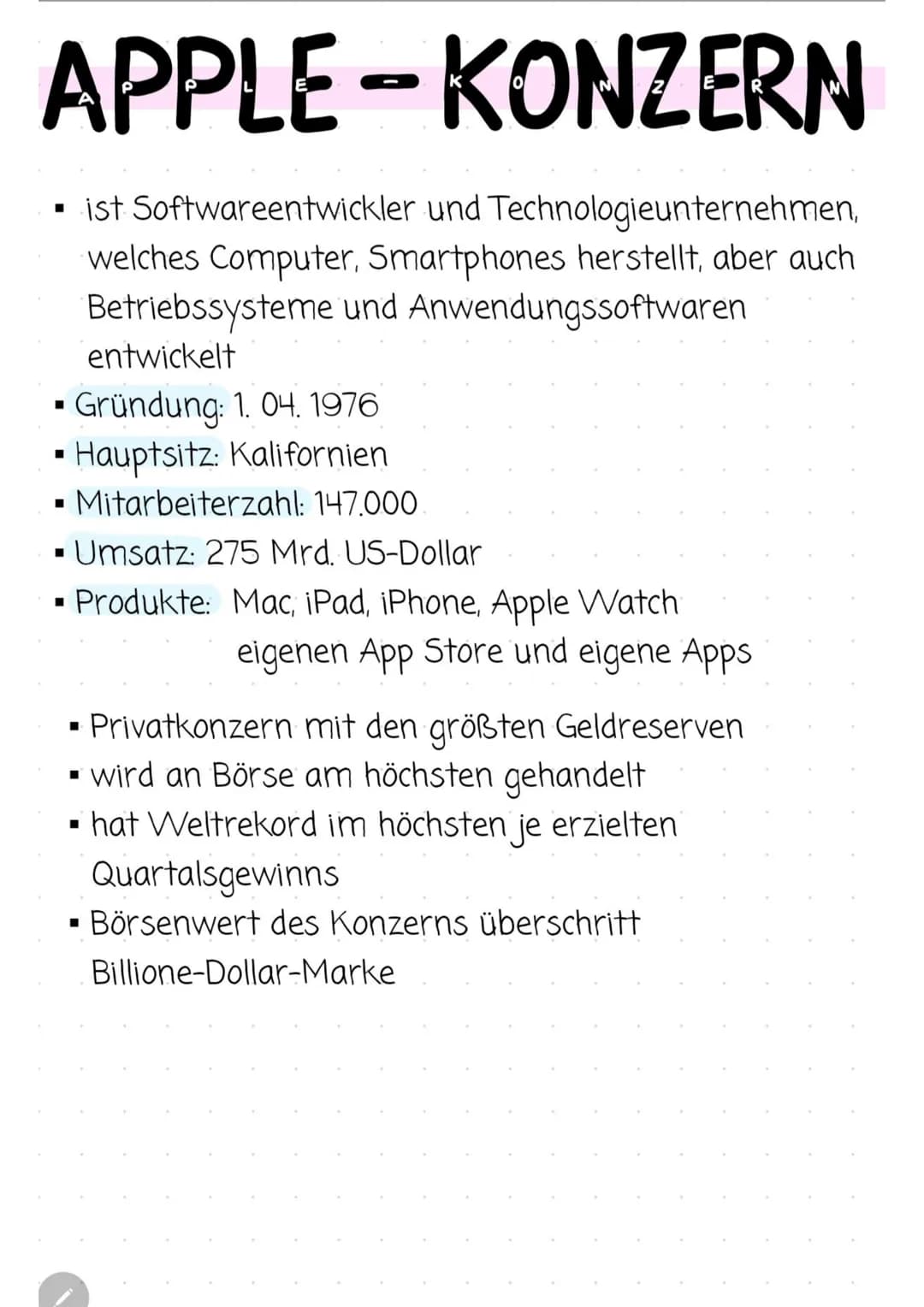 APPLE-KONZERN
ist Softwareentwickler und Technologieunternehmen,
welches Computer, Smartphones herstellt, aber auch
Betriebssysteme und Anwe