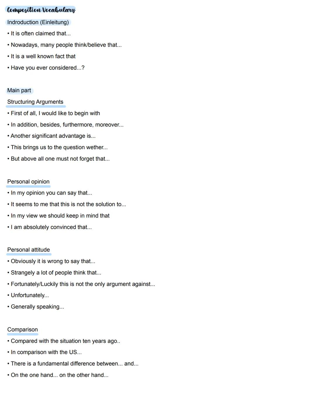 Composition Vocabulary

Indroduction (Einleitung)
* It is often claimed that...
* Nowadays, many people think/believe that...
* It is a well