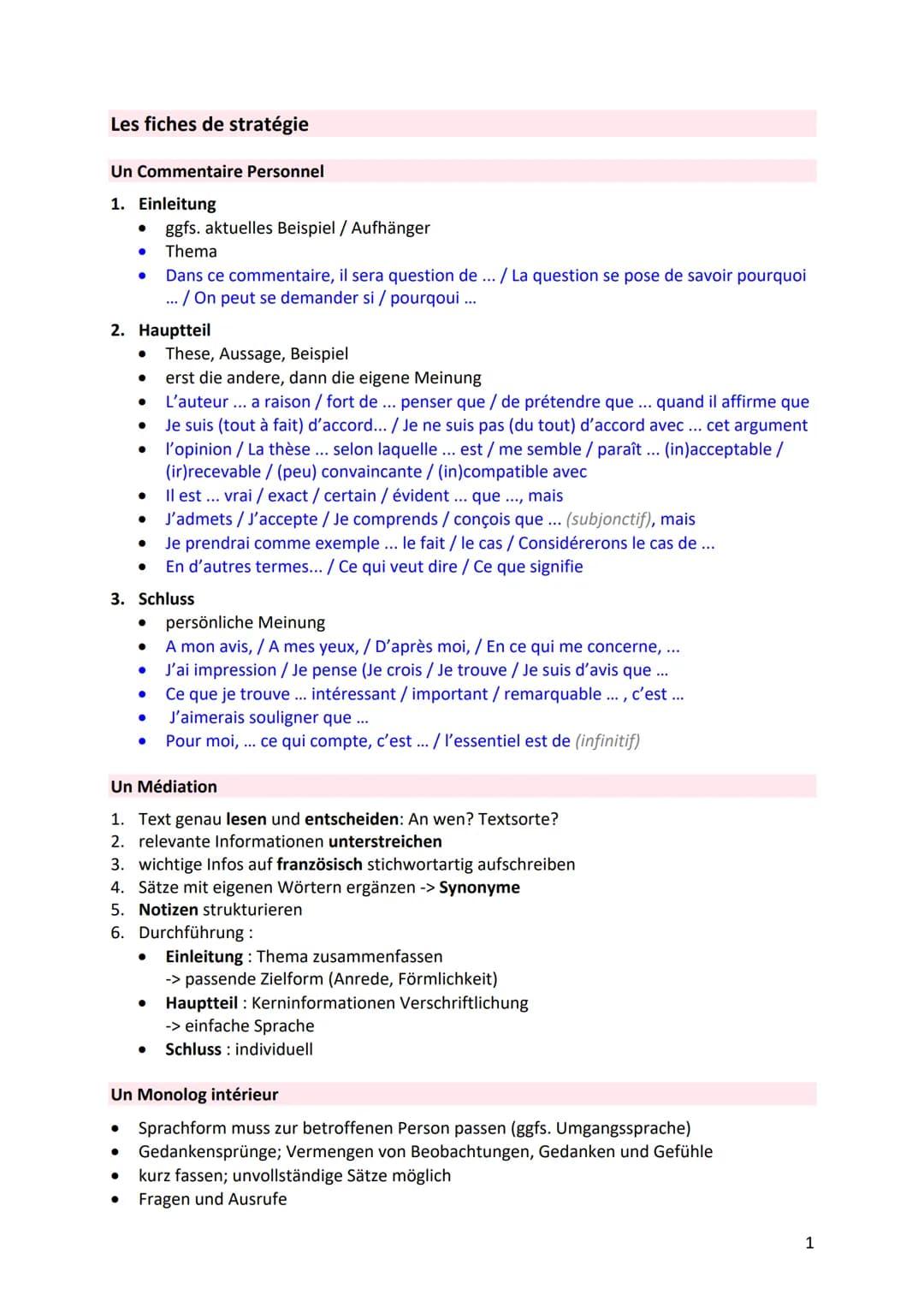 Les fiches de stratégie
Un Commentaire Personnel
1. Einleitung
●
● Dans ce commentaire, il sera question de ... / La question se pose de sav
