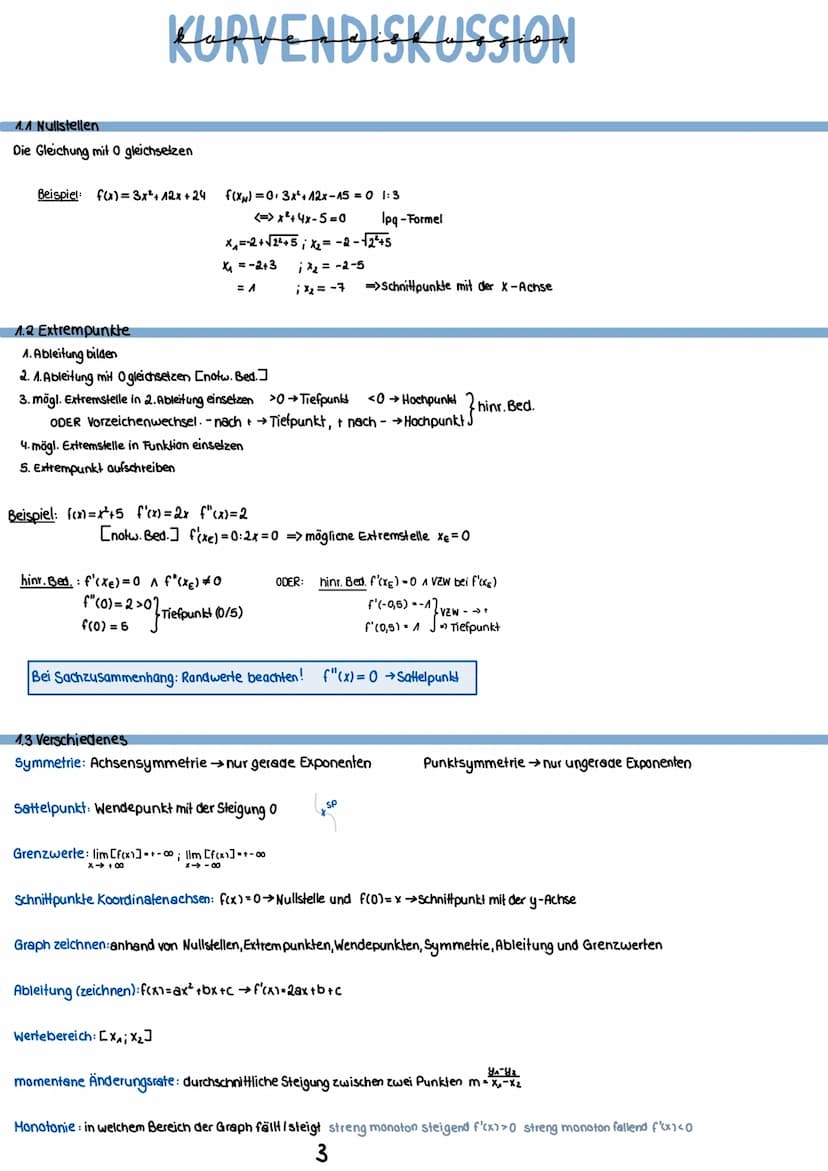 A Kurvendiskussion
A.A Nullstellen
1.2 Extrempunkte
1.3 Verschiedenes
1.4 Wendepunkte
1.5 Tangente
1.6 Bedeutung der Wendestelle im Anwendun