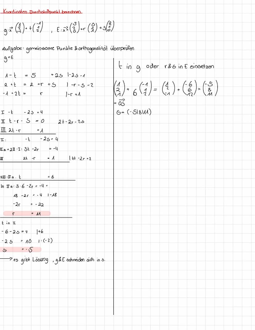 8. Gegenseitige Lage von Ebenen & Geraden
7
(1)
MATHE Lenzettel
unzo
E & g schneiden sich in einem Punkt
7
E: 3x₁-4x2 + x₂ = 5
a.) g₁ix²=
nu