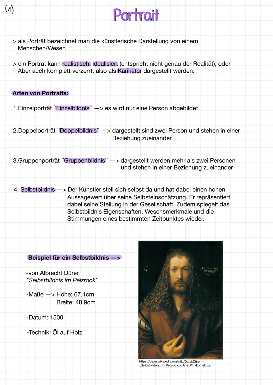 (1)
> als Porträt bezeichnet man die künstlerische Darstellung von einem
Menschen/Wesen
> ein Porträt kann realistisch, idealisiert (entspri