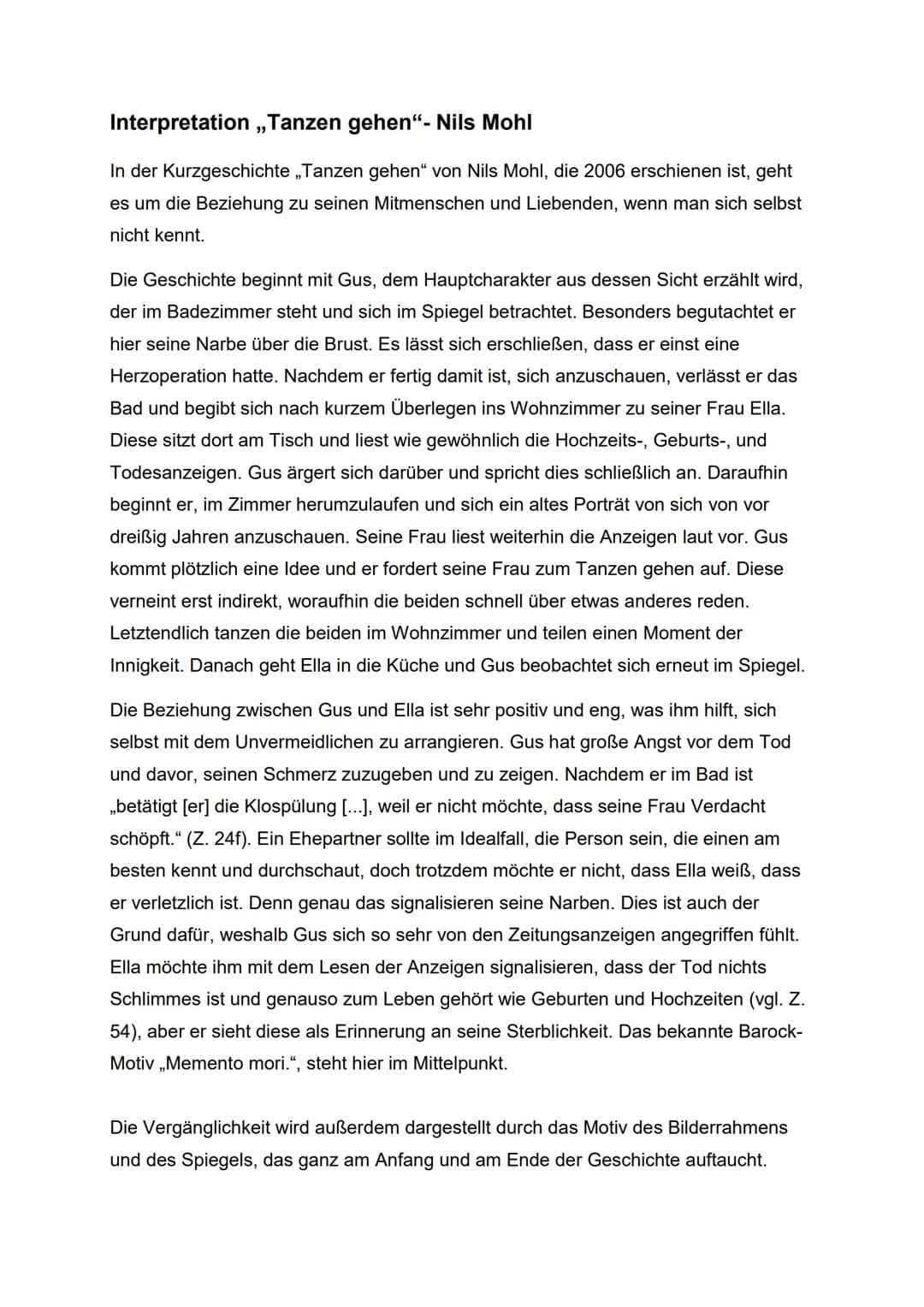 Interpretation ,,Tanzen gehen"- Nils Mohl
In der Kurzgeschichte ,,Tanzen gehen" von Nils Mohl, die 2006 erschienen ist, geht
es um die Bezie