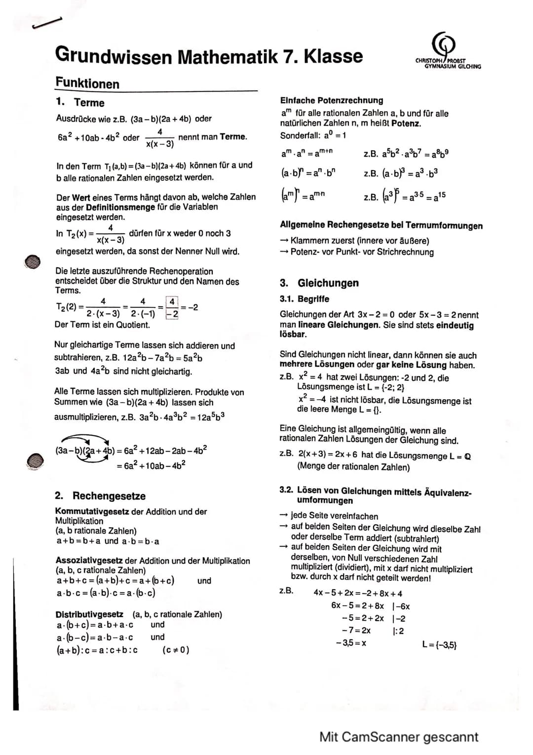 Grundwissen Mathematik 7. Klasse
Funktionen
1. Terme
Ausdrücke wie z.B. (3a-b) (2a + 4b) oder
4
6a2+10ab-4b² oder
x(x-3)
In den Term T₁(a,b)