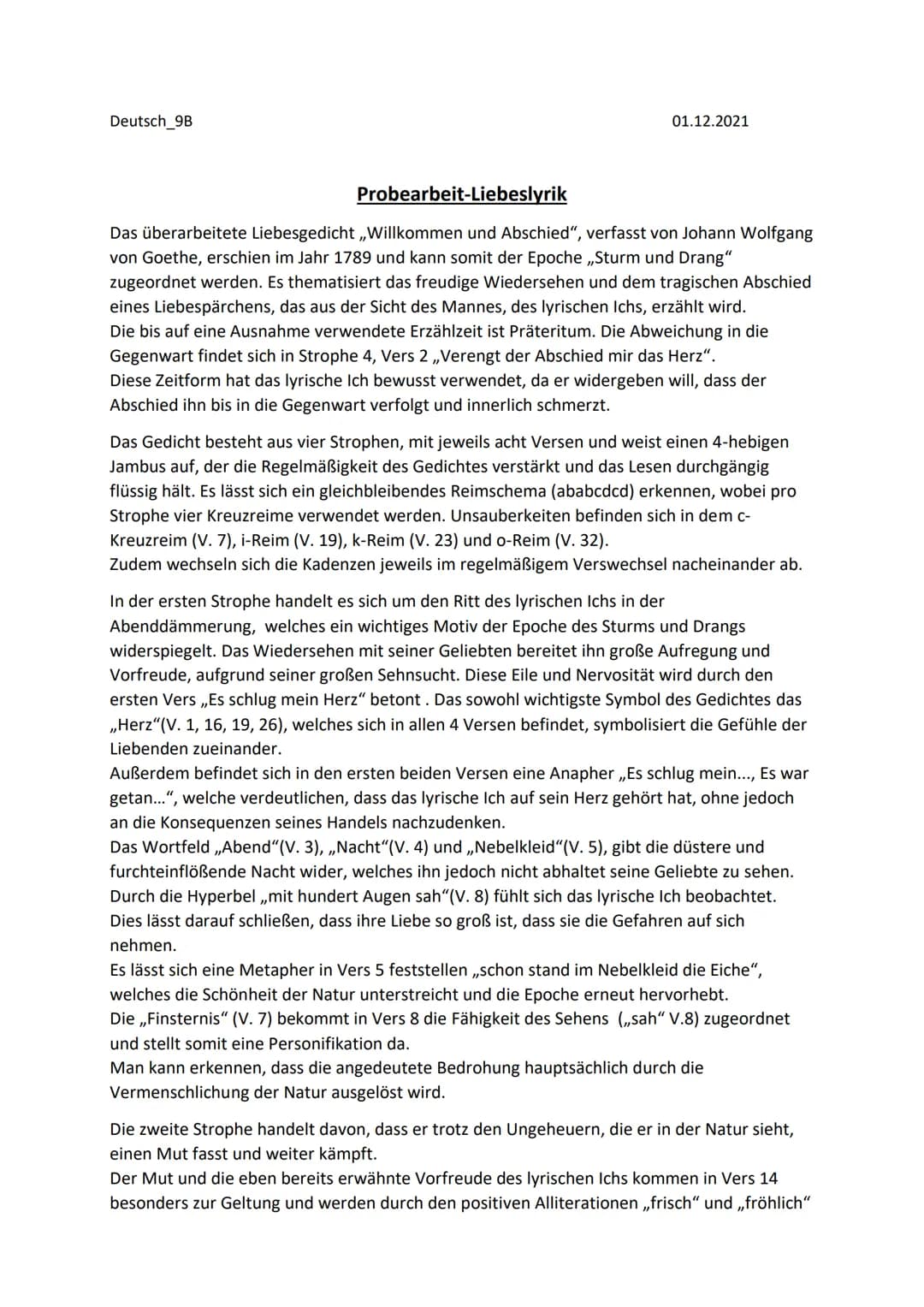 Deutsch_9B
01.12.2021
Probearbeit-Liebeslyrik
Das überarbeitete Liebesgedicht ,,Willkommen und Abschied", verfasst von Johann Wolfgang
von G