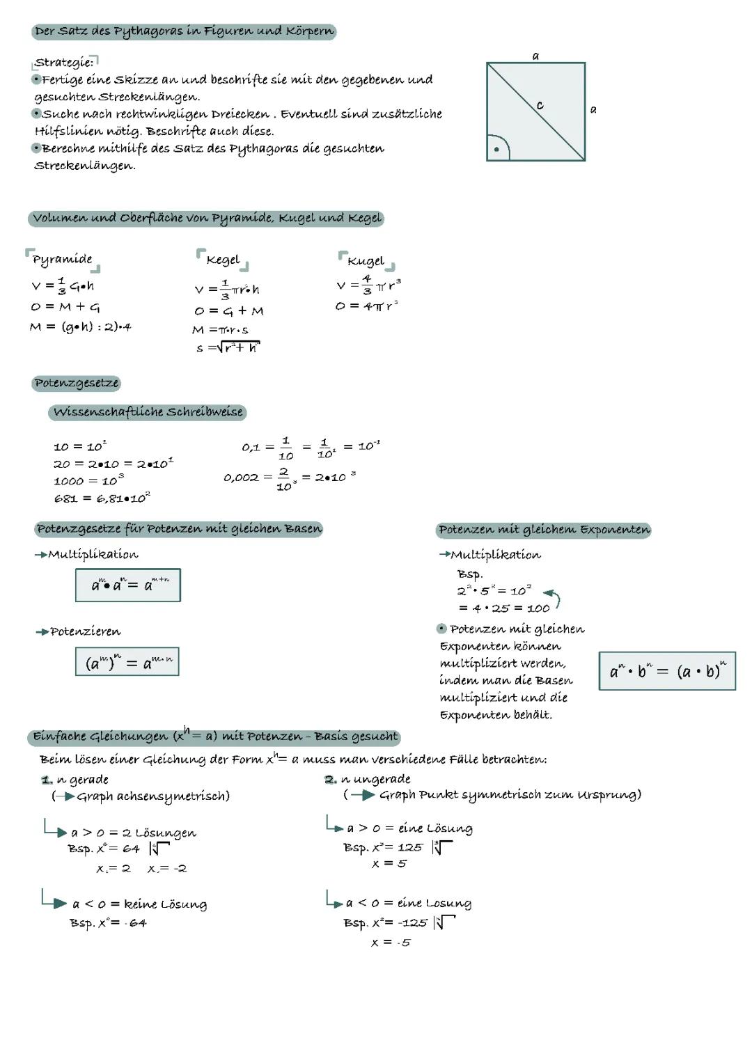 Satz des Phythagoras , Volumen und Oberfläche von Kegel,Kugel und Pyramide und Potenzgesetze