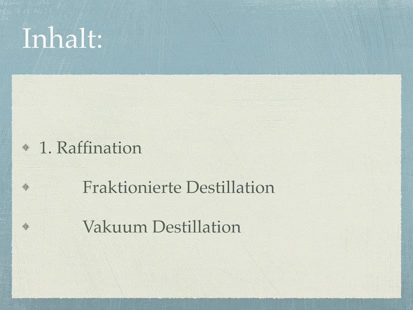 Raffination und Cracken von
Erdöl
Röhren-
ofen
Rohol
Atmosphärische
Destillation
Dampf
TT
Dampf
Glockenböden
400 °C
TT
Fraktionen, Siedebere