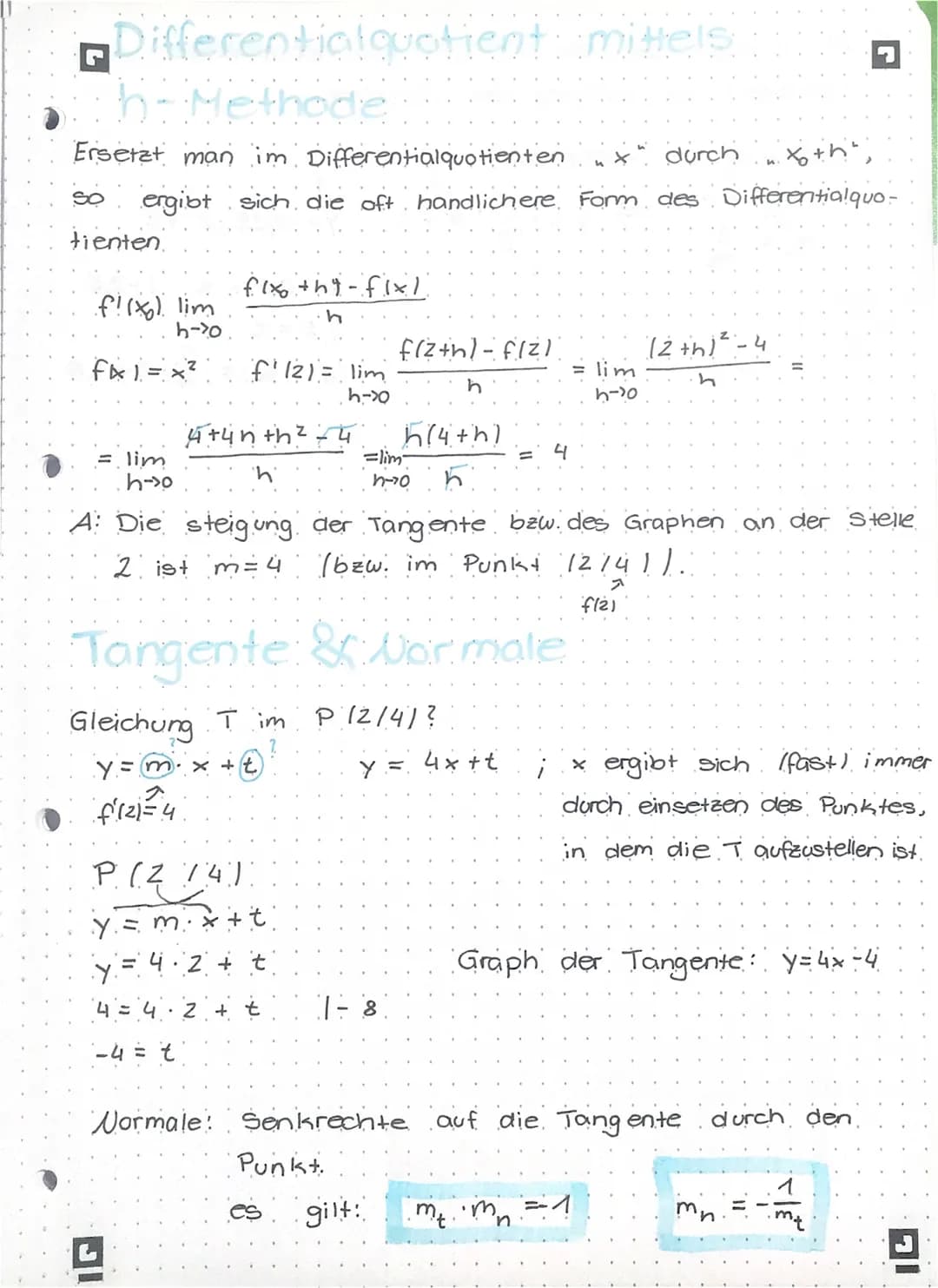 Differentialquotient: mittels
h-Methode
Ersetzt man im Differentialquotienten
xdurch x+h",
So ergibt sich die oft handlichere Form des Diffe