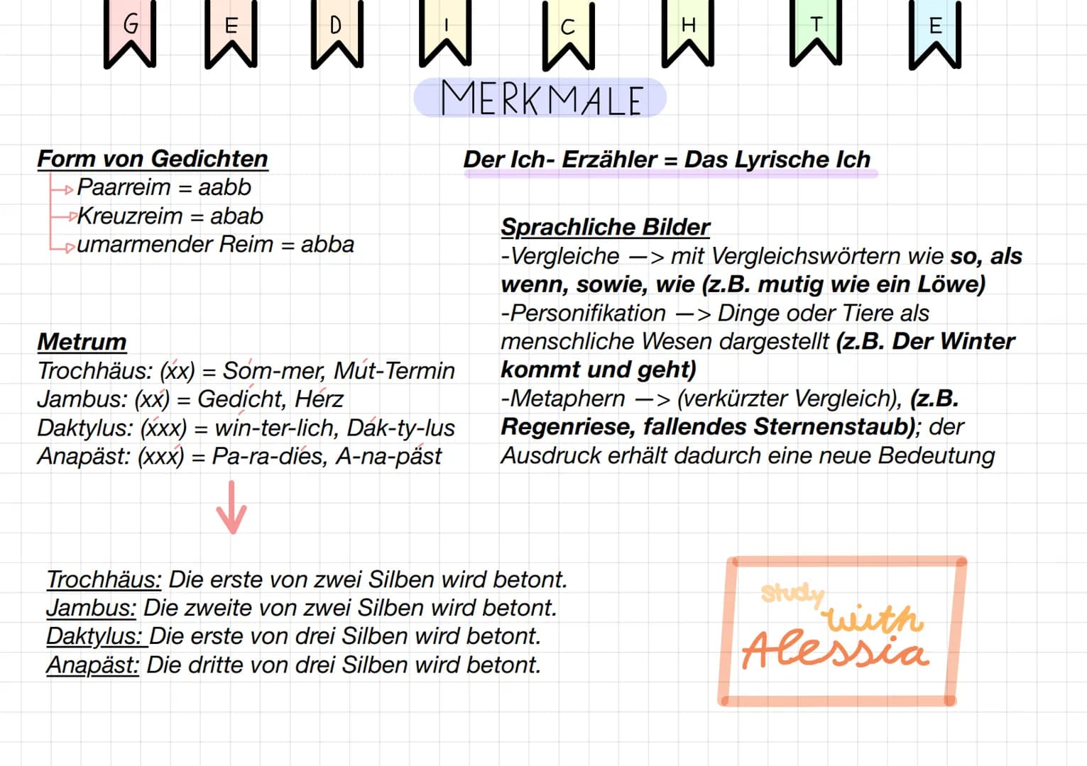 W W W W W W W W
MERKMALE
Form von Gedichten
>Paarreim = aabb
Đ
Kreuzreim = abab
umarmender Reim = abba
Metrum
Trochhäus: (xx) = Som-mer, Mút
