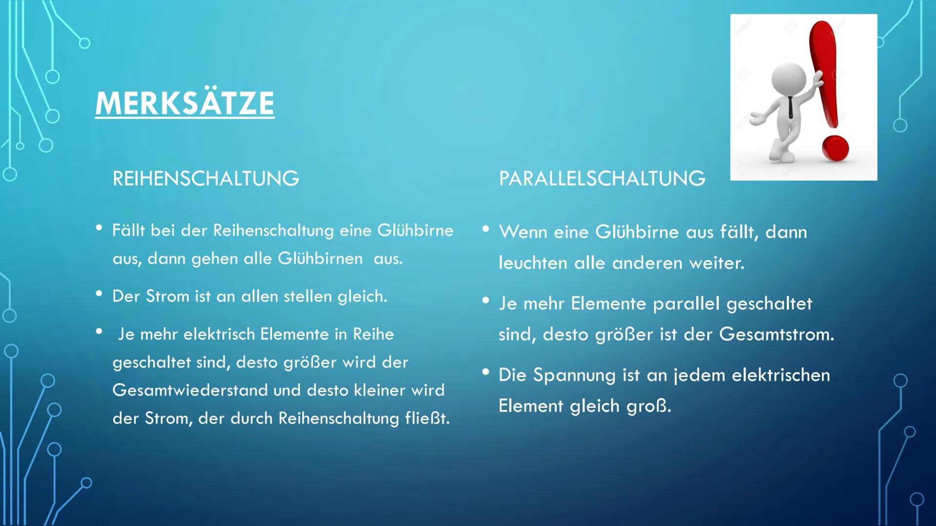 VERSCHIEDENE SCHALTUNGEN
Warnung vor
elektrischer
Spannung INHALT
1. Parallelschaltung
2. Reihenschaltung
3. Merksätze
4. Sicherheitsschalte