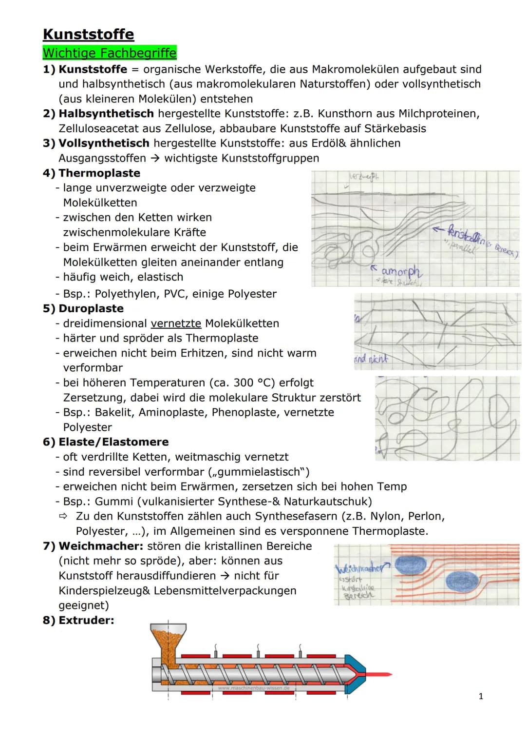 Kunststoffe
Wichtige Fachbegriffe
1) Kunststoffe = organische Werkstoffe, die aus Makromolekülen aufgebaut sind
und halbsynthetisch (aus mak