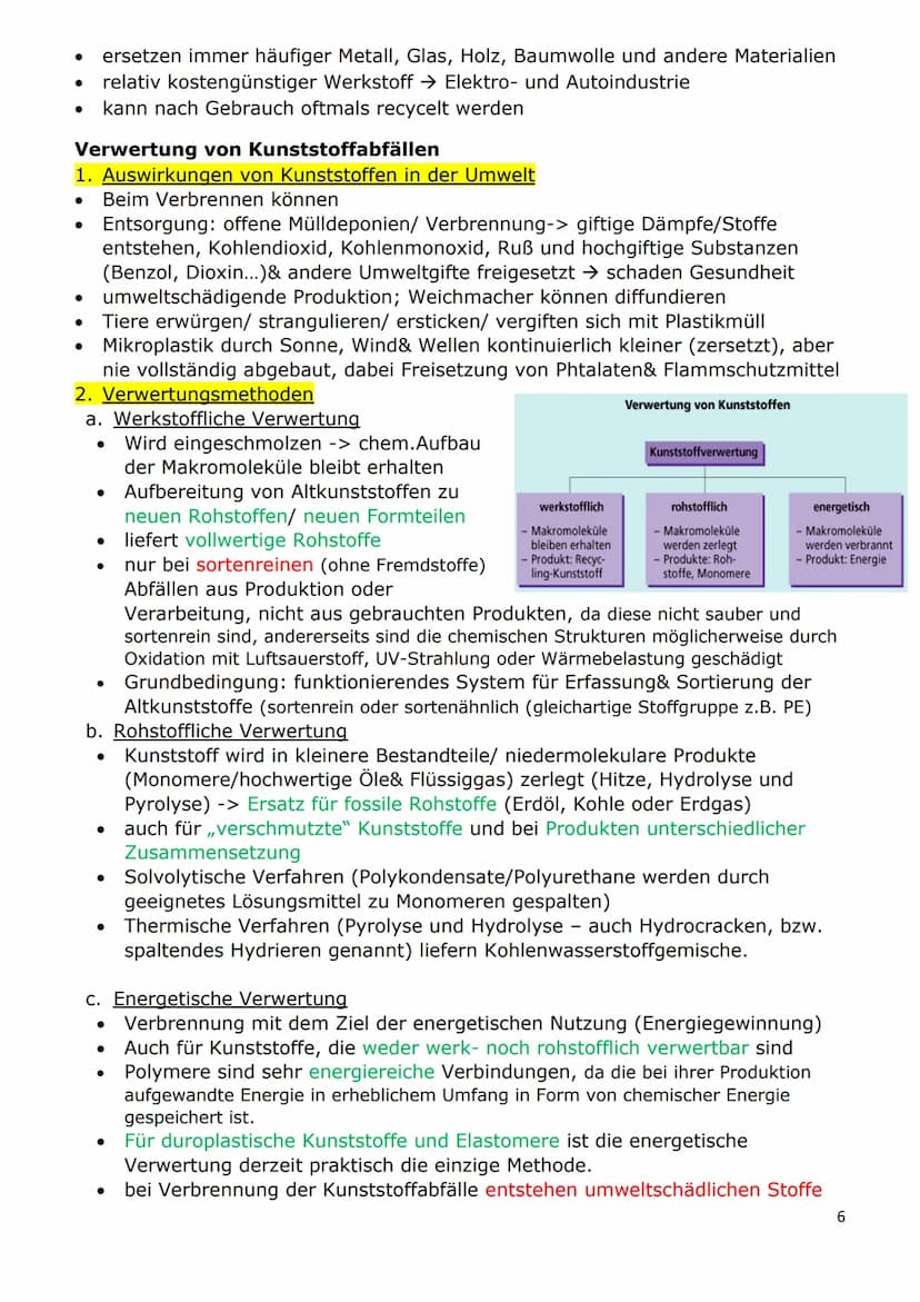 Kunststoffe
Wichtige Fachbegriffe
1) Kunststoffe = organische Werkstoffe, die aus Makromolekülen aufgebaut sind
und halbsynthetisch (aus mak
