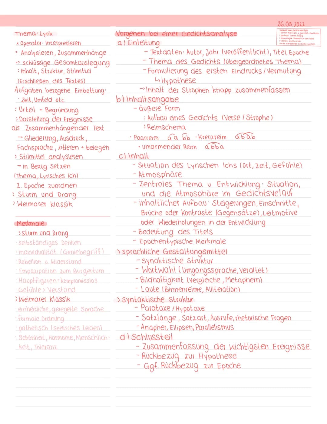 Thema: Lyrik
1. Operator: Interpretieren
Analysieren, Zusammenhänge
schlüssige Gesamtauslegung
Inhalt, Struktur, Stilmittel
=>
(Erschließen 
