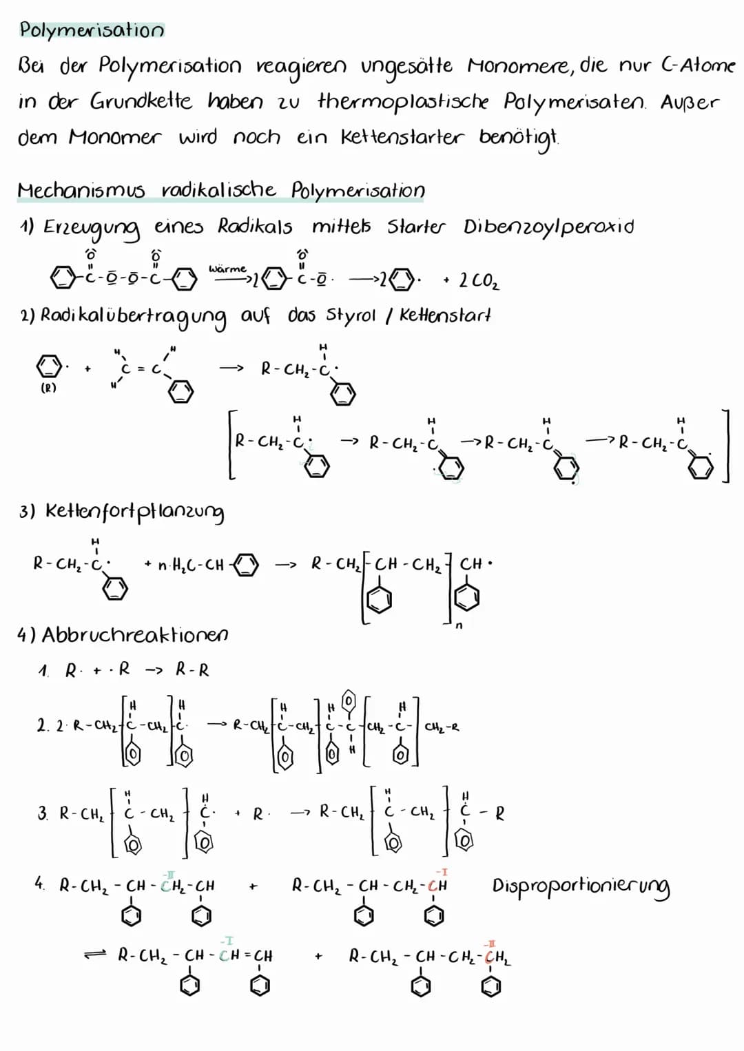 Polymerisation
Bei der Polymerisation reagieren ungesätte Monomere, die nur C-Atome
in der Grundkette haben zu thermoplastische Polymerisate