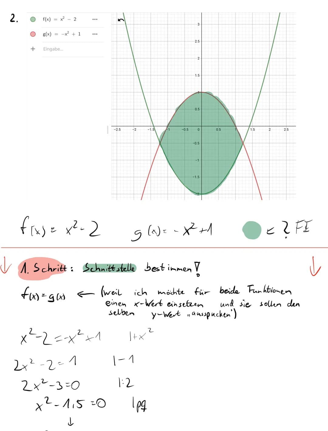 1.
S₁-113)→
-0.5
f(x) = x² + 2
g(x)=x² + 4
0
0.5
-S₂
-S₂ = (113)
Idee: Wir berechnen die Fläche, des roten Graphens -
5₁
& ziehen die Fläche
