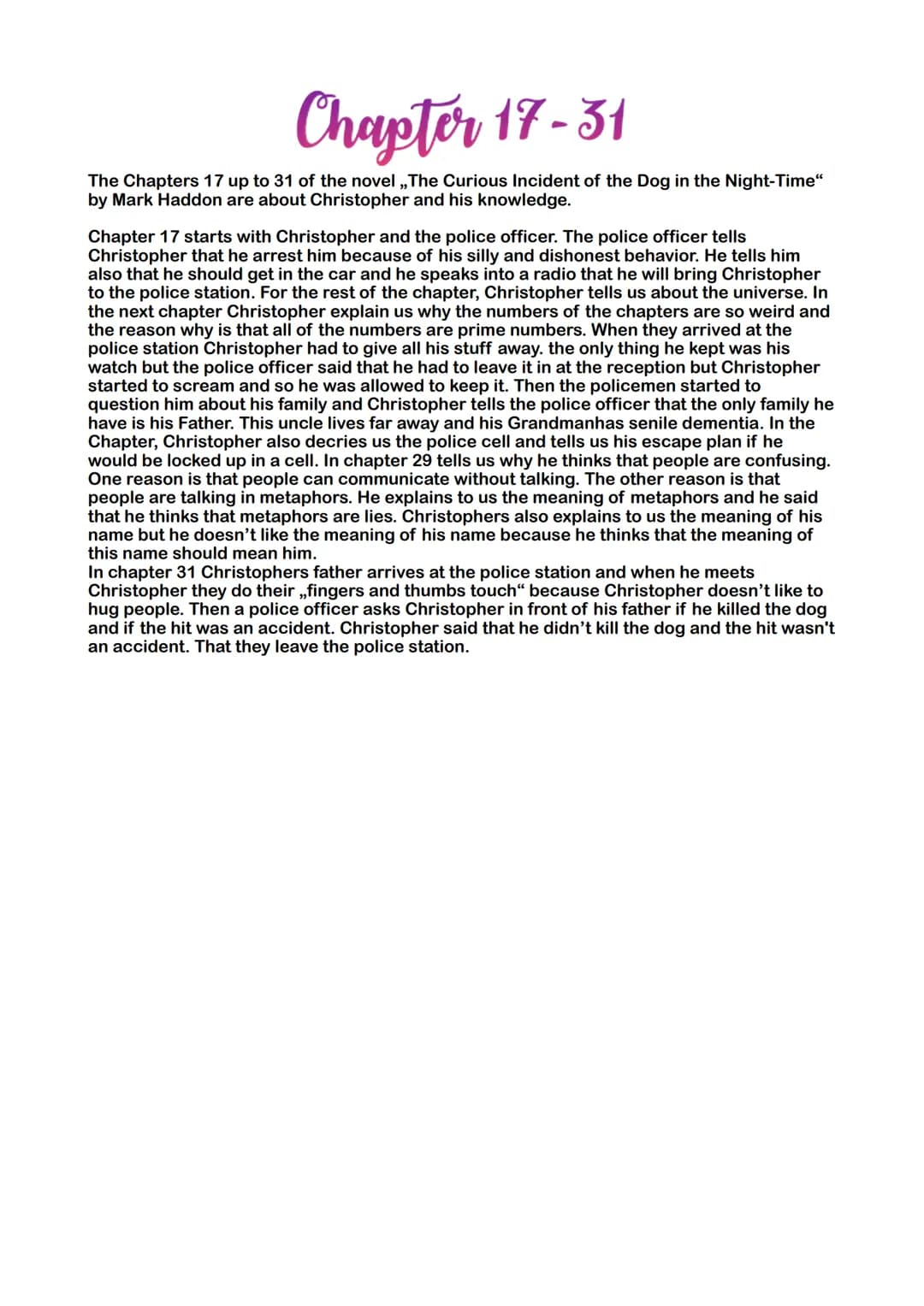 Chapter 17-31
The Chapters 17 up to 31 of the novel ,,The Curious Incident of the Dog in the Night-Time"
by Mark Haddon are about Christophe