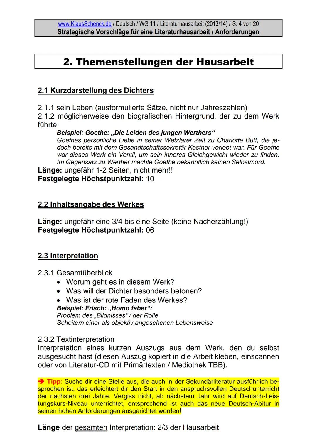 www.KlausSchenck.de / Deutsch / WG 11/ Literaturhausarbeit (2013/14) / S. 1 von 20
Strategische Vorschläge für eine Literaturhausarbeit / An