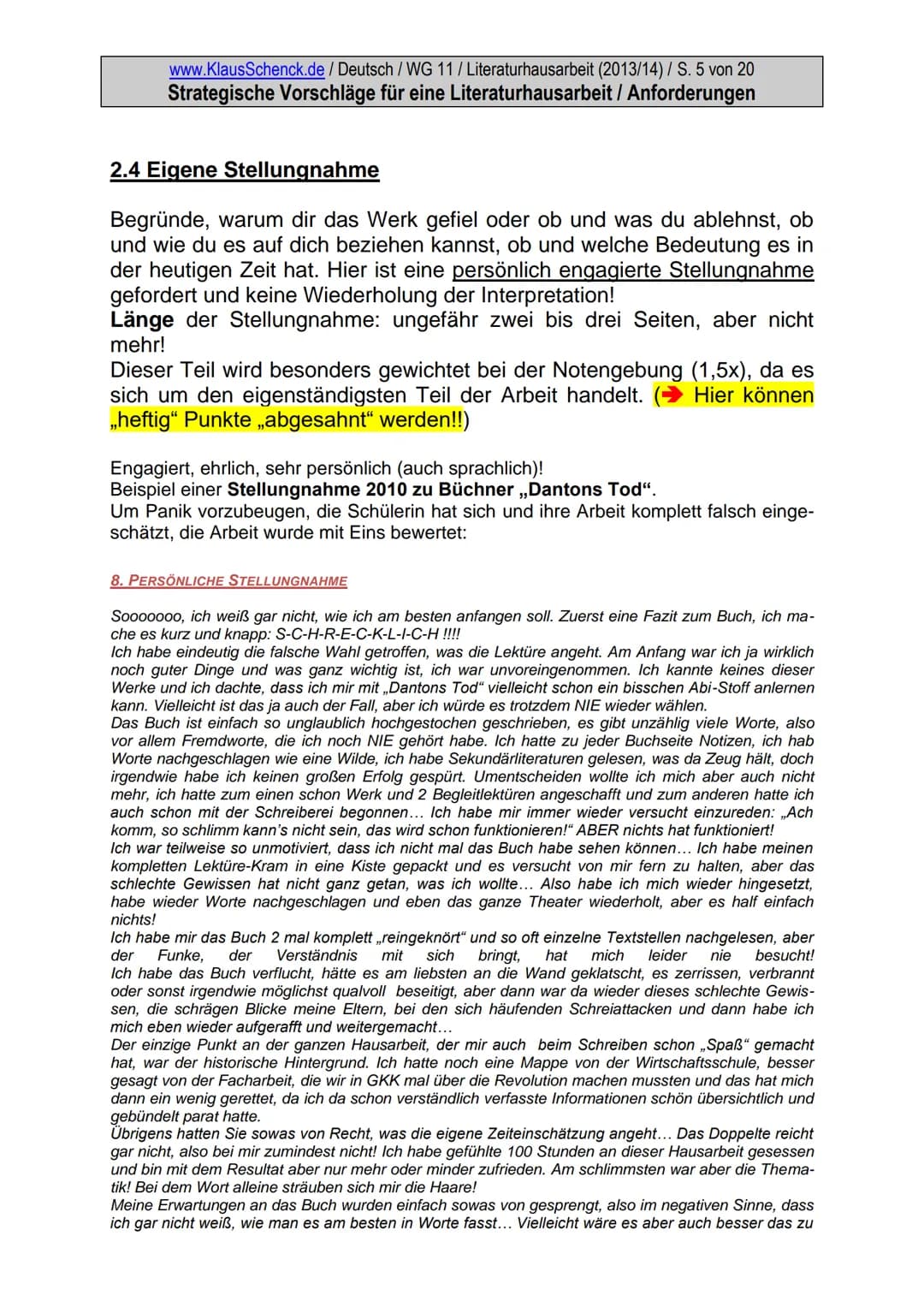 www.KlausSchenck.de / Deutsch / WG 11/ Literaturhausarbeit (2013/14) / S. 1 von 20
Strategische Vorschläge für eine Literaturhausarbeit / An