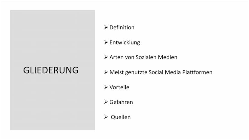 SOZIALE MEDIEN GLIEDERUNG
Definition
➤ Entwicklung
Arten von Sozialen Medien
➤ Meist genutzte Social Media Plattformen
➤ Vorteile
Gefahren
►