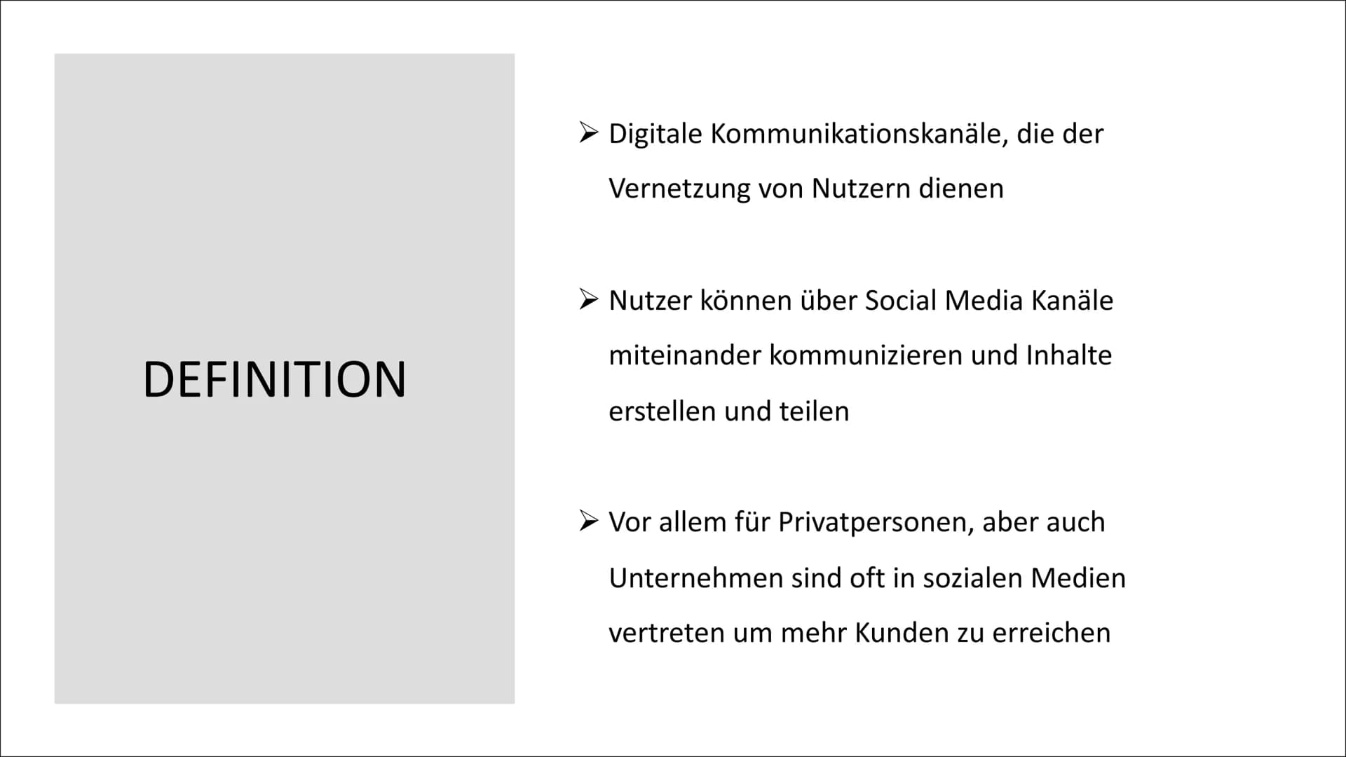 SOZIALE MEDIEN GLIEDERUNG
Definition
➤ Entwicklung
Arten von Sozialen Medien
➤ Meist genutzte Social Media Plattformen
➤ Vorteile
Gefahren
►