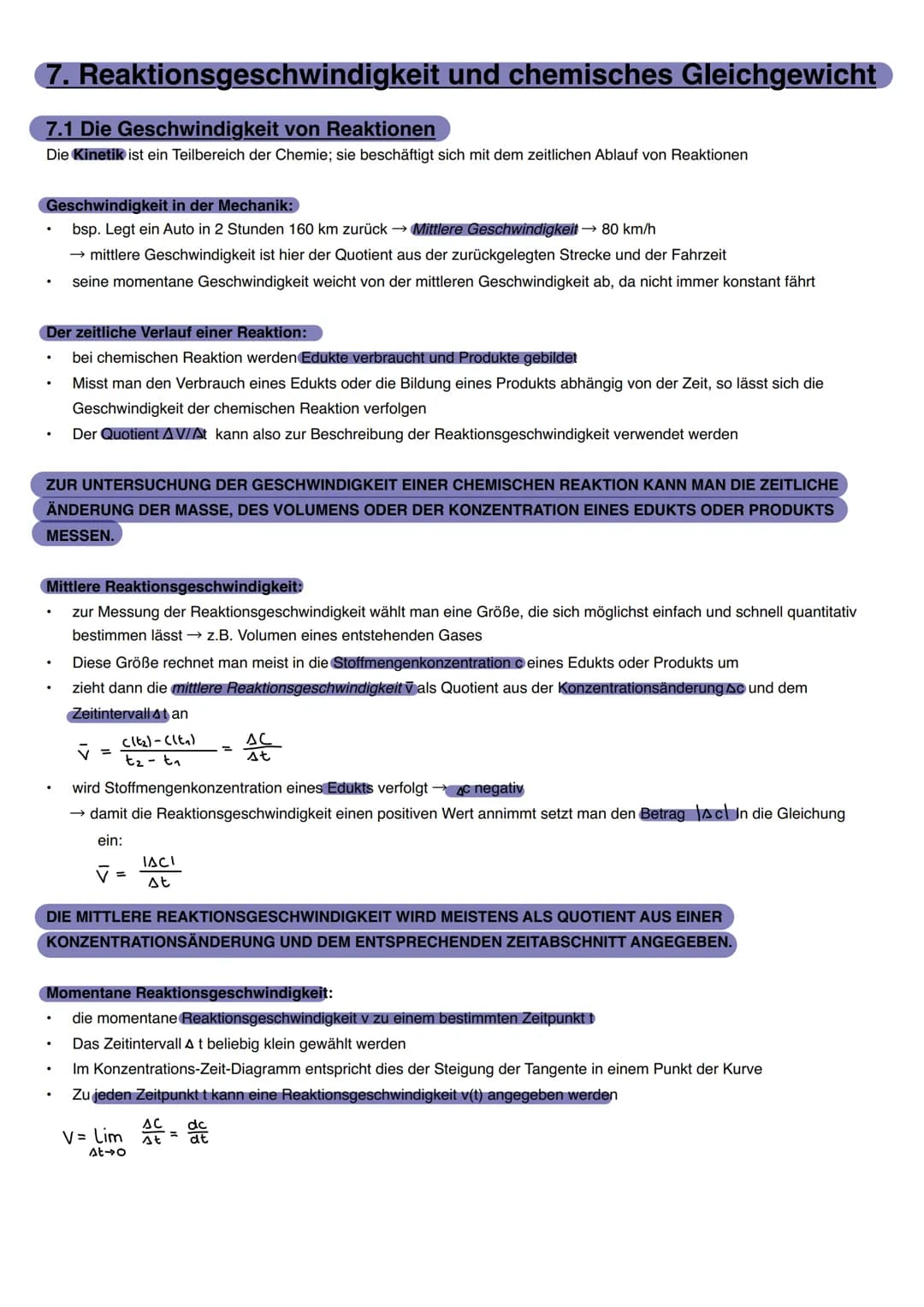 7.
7.1 Die Geschwindigkeit von Reaktionen
Die Kinetik ist ein Teilbereich der Chemie; sie beschäftigt sich mit dem zeitlichen Ablauf von Rea