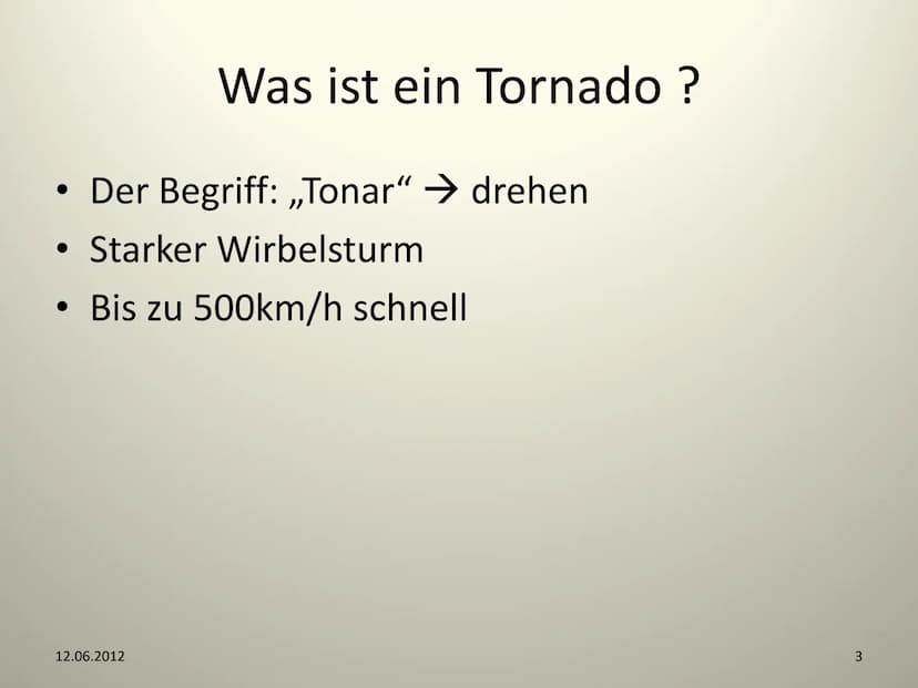 Tornados
12.06.2012
NWT- GFS
1 Gliederung
1) Was ist ein Tornado ?
- Unterschied Tornado - Hurrikane
2) Entstehung eines Tornados
- Kennwert