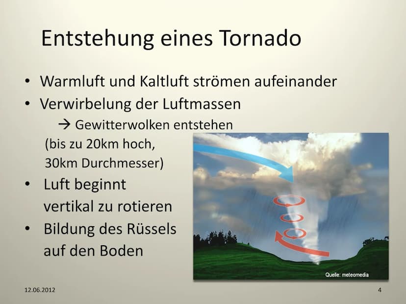 Tornados
12.06.2012
NWT- GFS
1 Gliederung
1) Was ist ein Tornado ?
- Unterschied Tornado - Hurrikane
2) Entstehung eines Tornados
- Kennwert