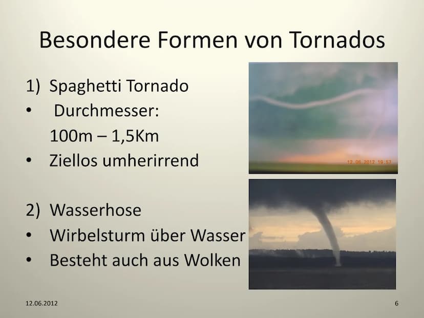 Tornados
12.06.2012
NWT- GFS
1 Gliederung
1) Was ist ein Tornado ?
- Unterschied Tornado - Hurrikane
2) Entstehung eines Tornados
- Kennwert