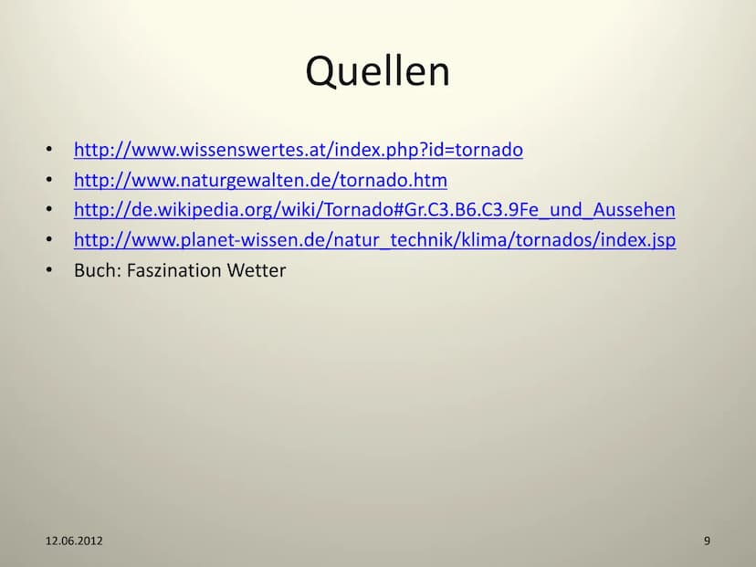 Tornados
12.06.2012
NWT- GFS
1 Gliederung
1) Was ist ein Tornado ?
- Unterschied Tornado - Hurrikane
2) Entstehung eines Tornados
- Kennwert