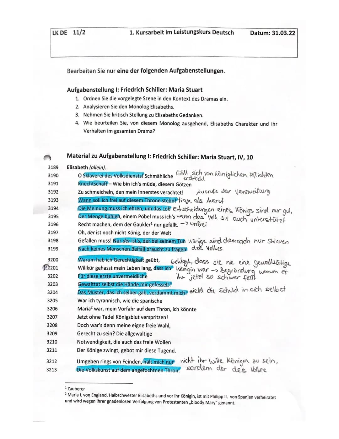 Deutsch 11 LK
Kursarbeit 11/1/ Bewertungsbogen
(Friedrich Schiller: Maria Stuart)
A) Inhaltliche Leistung
Anforderung
Formulierung einer sin