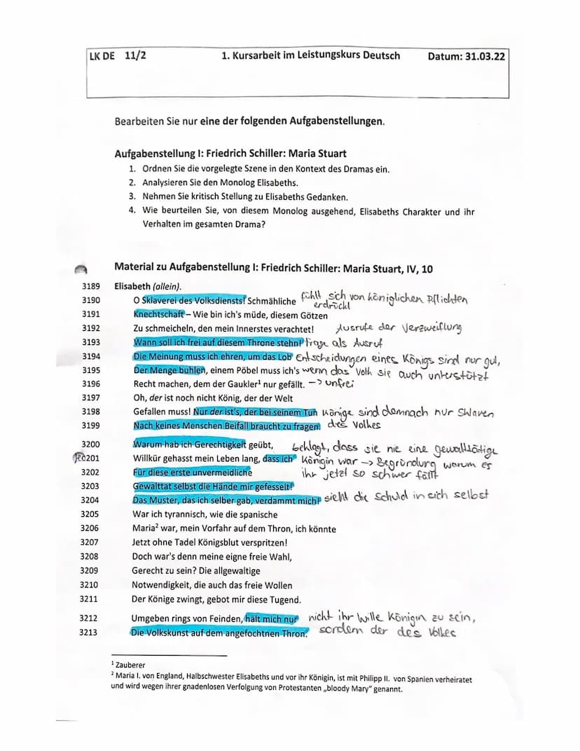 Deutsch 11 LK
Kursarbeit 11/1/ Bewertungsbogen
(Friedrich Schiller: Maria Stuart)
A) Inhaltliche Leistung
Anforderung
Formulierung einer sin