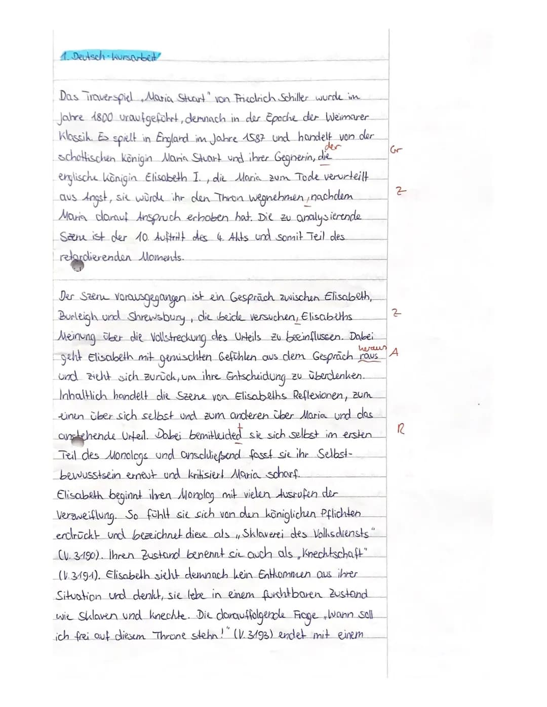 Deutsch 11 LK
Kursarbeit 11/1/ Bewertungsbogen
(Friedrich Schiller: Maria Stuart)
A) Inhaltliche Leistung
Anforderung
Formulierung einer sin
