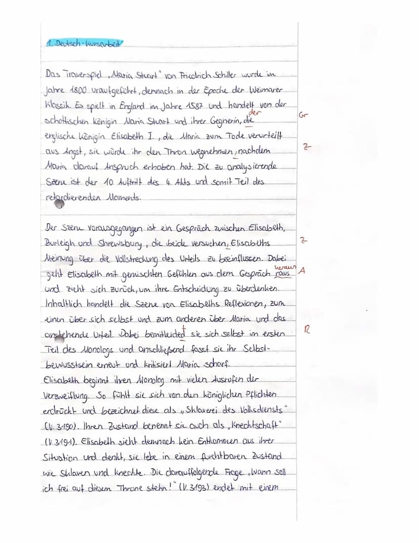 Deutsch 11 LK
Kursarbeit 11/1/ Bewertungsbogen
(Friedrich Schiller: Maria Stuart)
A) Inhaltliche Leistung
Anforderung
Formulierung einer sin