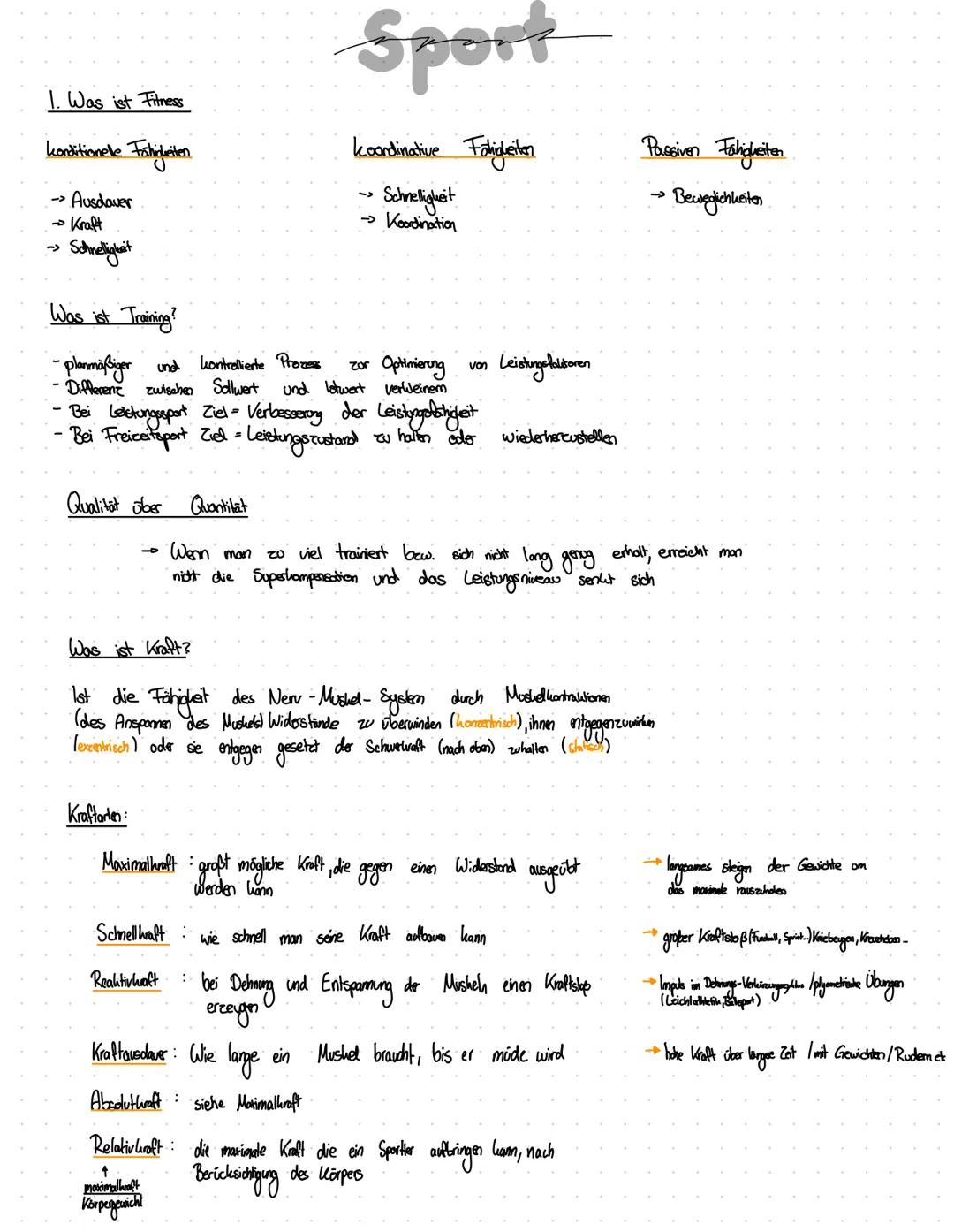 # Sport

1. Was ist Fitness

konditionelle Fähigkeiten
- Ausdover
- Kraft
- Schnelligkeit

koordinative Foligkeiten
- Schnelligkeit
- Koordi