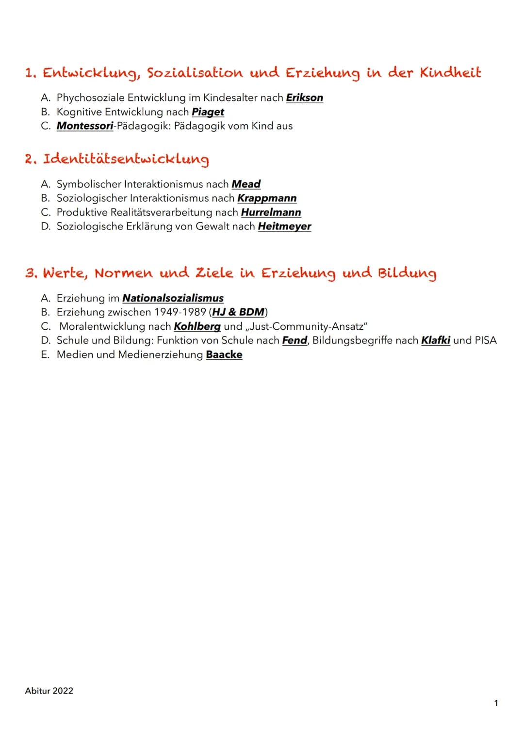 1. Entwicklung, Sozialisation und Erziehung in der Kindheit
A. Phychosoziale Entwicklung im Kindesalter nach Erikson
B. Kognitive Entwicklun