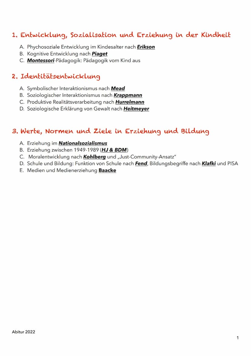1. Entwicklung, Sozialisation und Erziehung in der Kindheit
A. Phychosoziale Entwicklung im Kindesalter nach Erikson
B. Kognitive Entwicklun