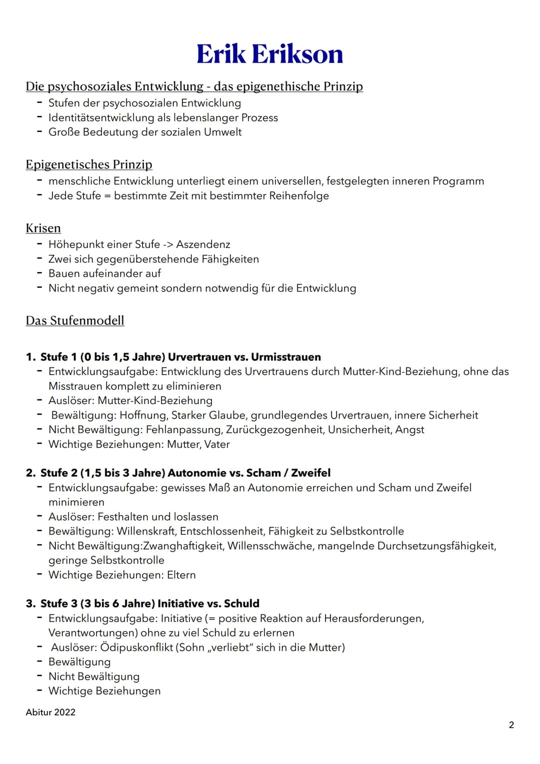 1. Entwicklung, Sozialisation und Erziehung in der Kindheit
A. Phychosoziale Entwicklung im Kindesalter nach Erikson
B. Kognitive Entwicklun