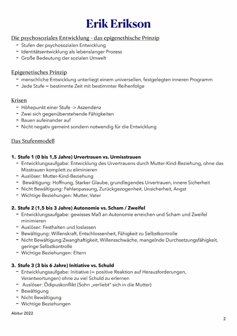 1. Entwicklung, Sozialisation und Erziehung in der Kindheit
A. Phychosoziale Entwicklung im Kindesalter nach Erikson
B. Kognitive Entwicklun