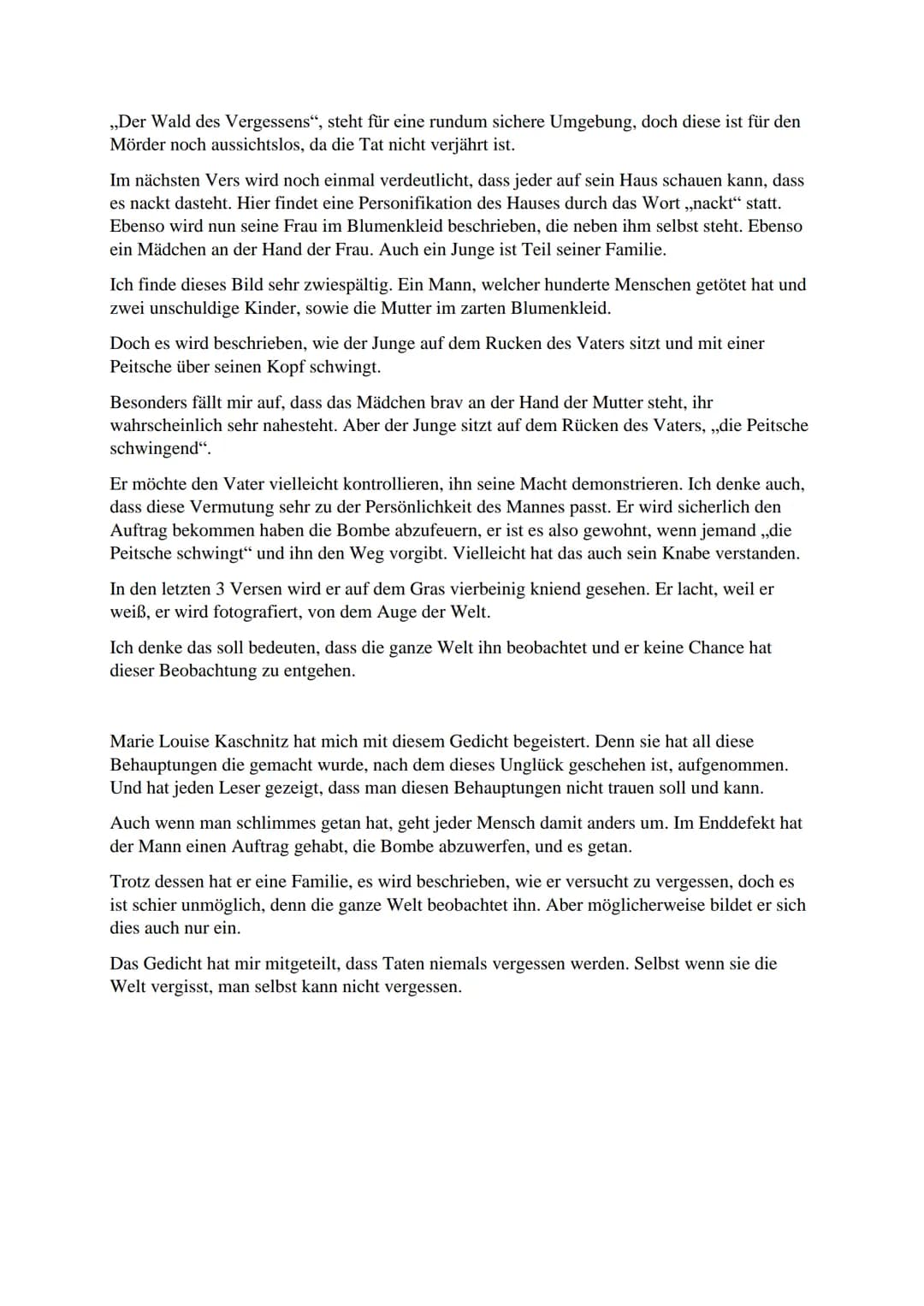 Interpretation ,,Hiroshima"
Das Gedicht ,,Hiroshima“ von M.-L. Kaschnitz ist aus dem Jahre 1951. Es thematisiert das
Leben des Täters nachde