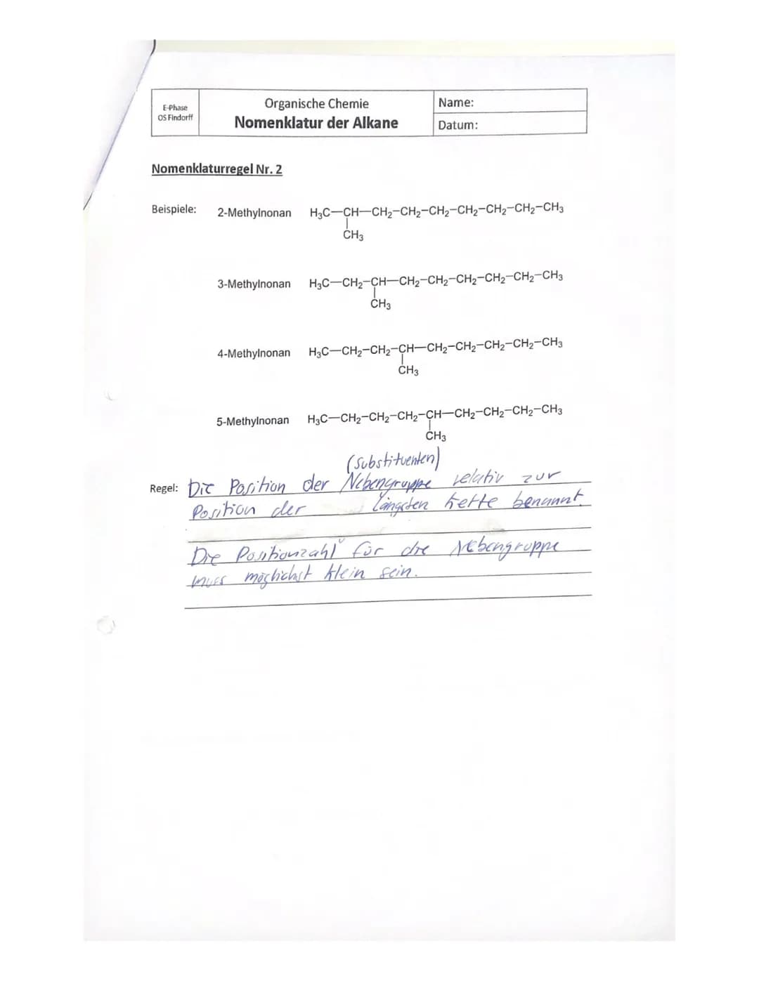 E-Phase
OS Findorff
2. Zeichnen Sie die folgenden Verbindungen.
g) 3-Ethyl-2,4-dimethylheptan
CH3
CH₂-CH-CH-CH-CH-CH
CH₂
1
CH3
Organische Ch