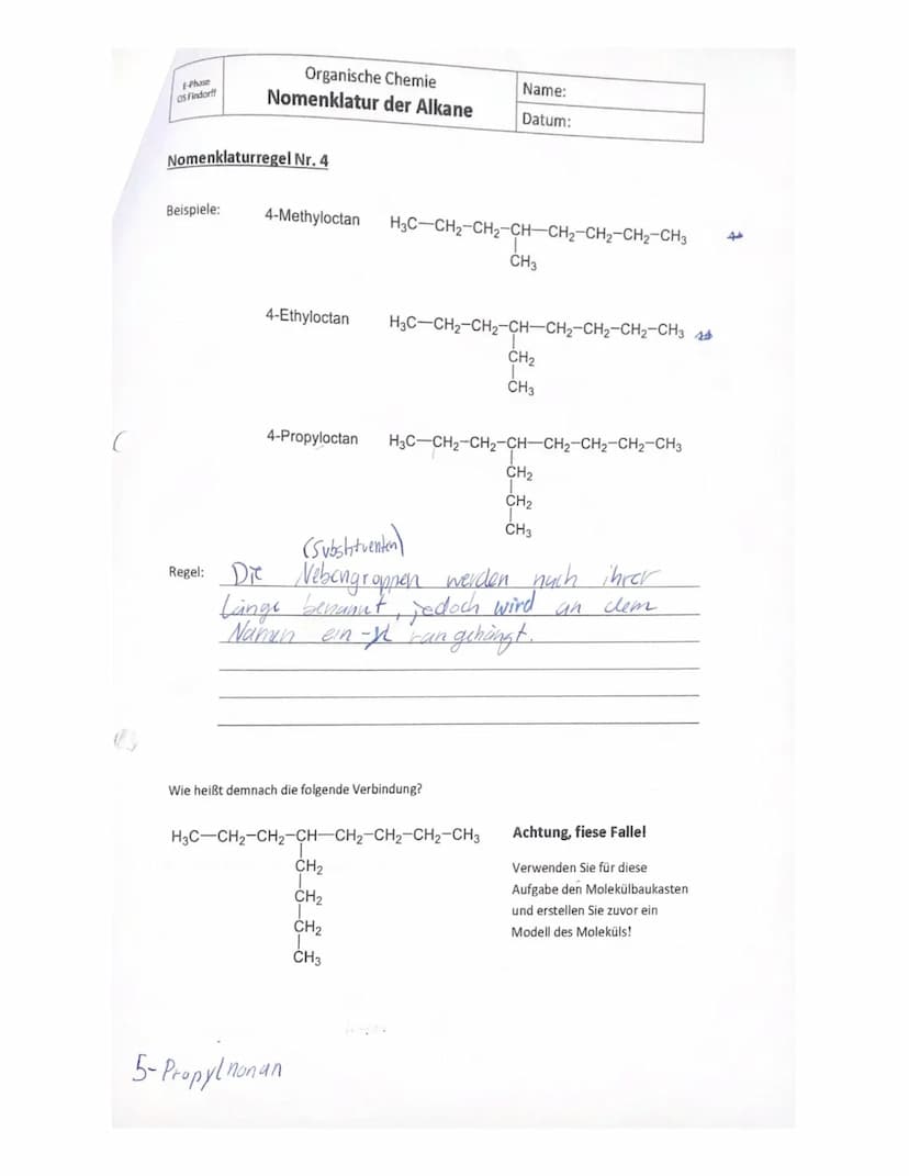 E-Phase
OS Findorff
2. Zeichnen Sie die folgenden Verbindungen.
g) 3-Ethyl-2,4-dimethylheptan
CH3
CH₂-CH-CH-CH-CH-CH
CH₂
1
CH3
Organische Ch