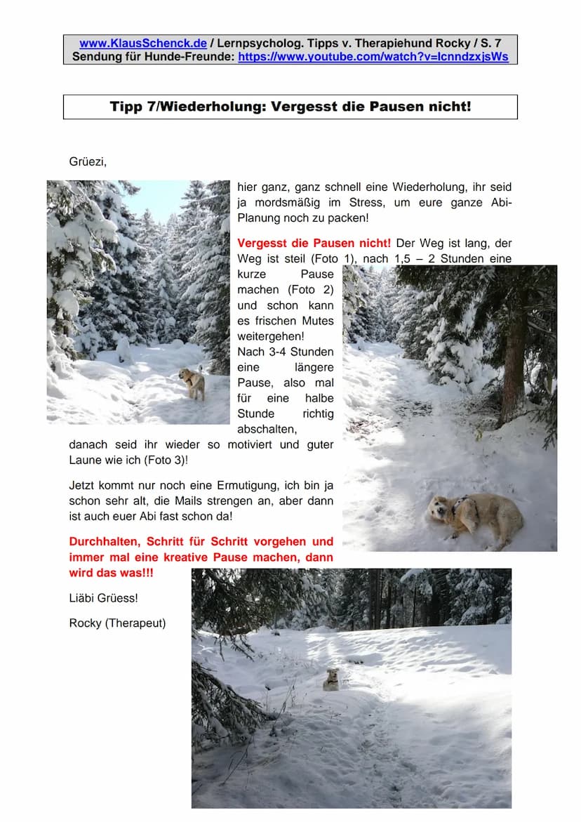 www.KlausSchenck.de/ Lernpsycholog. Tipps v. Therapiehund Rocky / S. 1
Sendung für Hunde-Freunde: https://www.youtube.com/watch?v=lcnndzxjsW