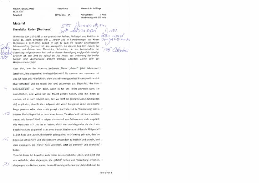 Klausur 2 (2020/2021)
31.05.2021
Aufgabe I
Geschichte
SCV 12 GE1- eA
Thema: Das Römische Reich, die Westgoten und die
,,Völkerwanderung"
(Ra