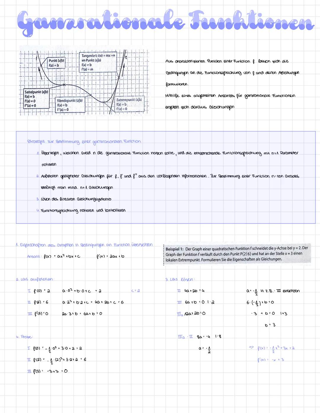 Ganarationale Junktionen
Sattelpunkt (alb)
f(a)=b
f(a)=0
f"(a) = 0
Punkt (alb)
f(a) = b
notieren
4. Probe:
Tangente t: 1(x)= mx +n
im Punkt 