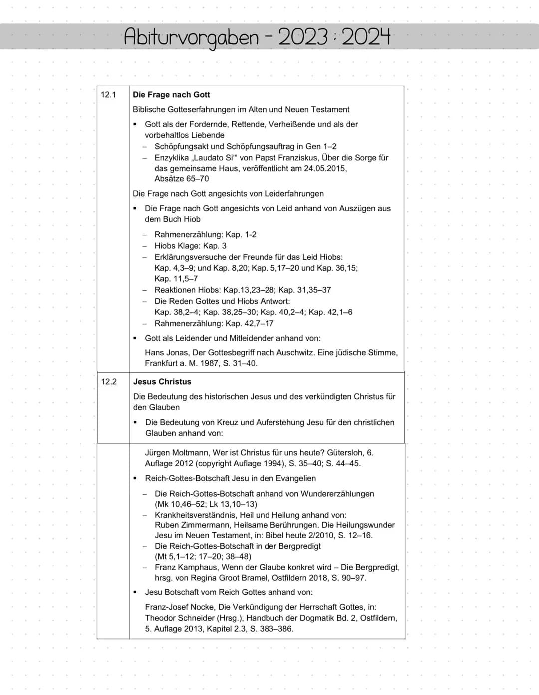 12.1
12.2
Abiturvorgaben - 2023 2024
Die Frage nach Gott
Biblische Gotteserfahrungen im Alten und Neuen Testament
Gott als der Fordernde, Re