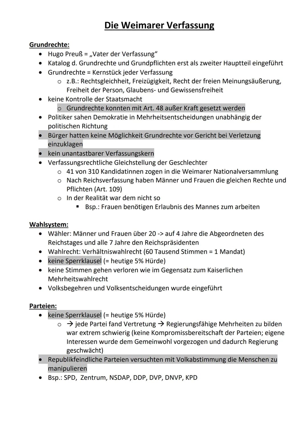 Grundrechte:
• Hugo Preuß = ,,Vater der Verfassung"
• Katalog d. Grundrechte und Grundpflichten erst als zweiter Hauptteil eingeführt
● Grun