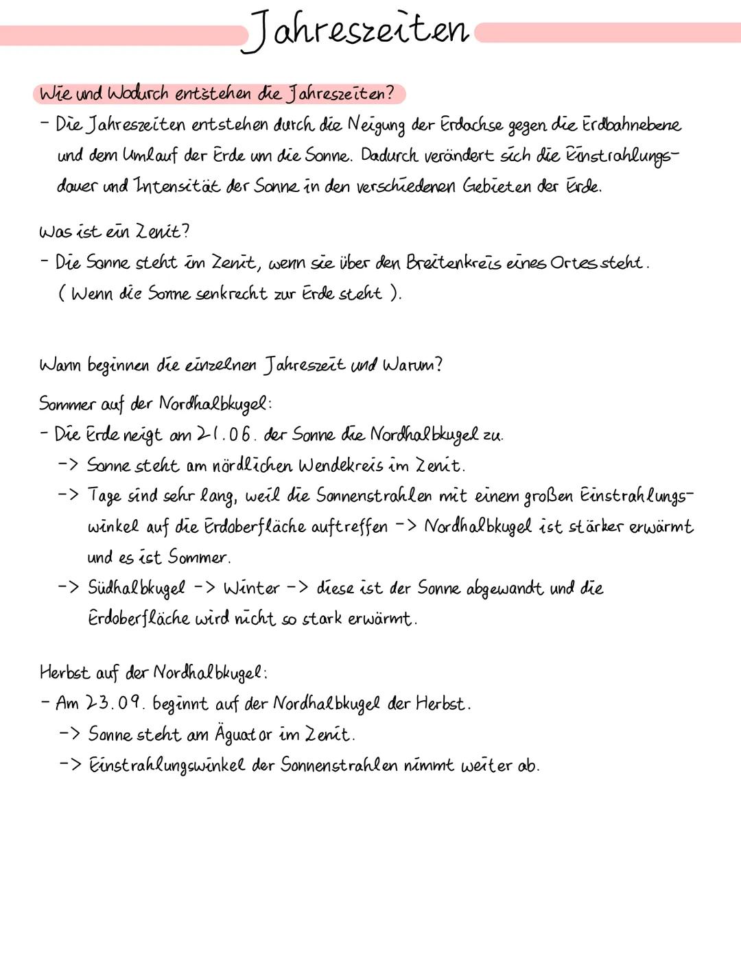 Jahreszeiten
Wie und wodurch entstehen die Jahreszeiten?
Die Jahreszeiten entstehen durch die Neigung der Erdackse
die Erdbahnebene
gegen
un