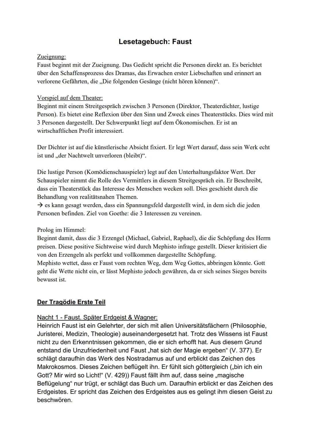Lesetagebuch: Faust
Zueignung:
Faust beginnt mit der Zueignung. Das Gedicht spricht die Personen direkt an. Es berichtet
über den Schaffensp