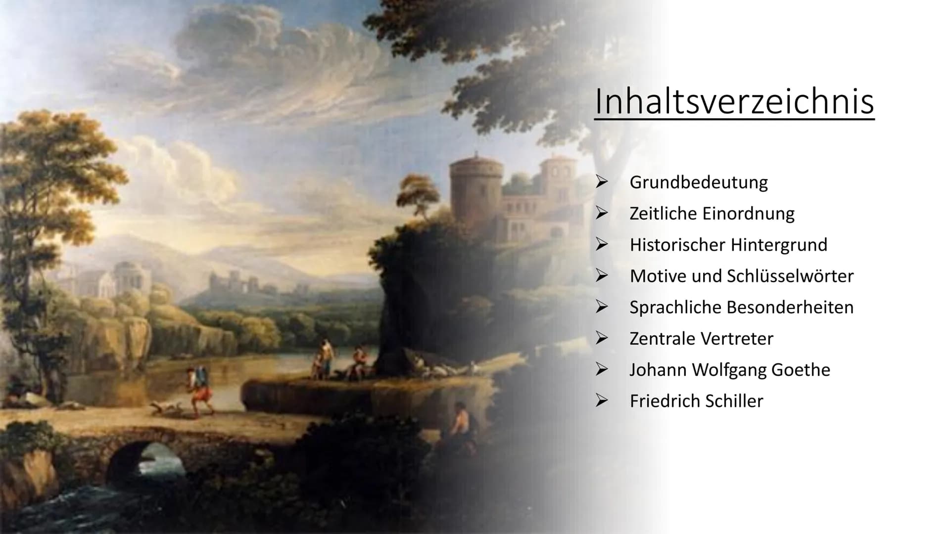 blicka! Gakete de
Die Klassik
(1786-1832) Inhaltsverzeichnis
Grundbedeutung
Zeitliche Einordnung
Historischer Hintergrund
Motive und Schlüss